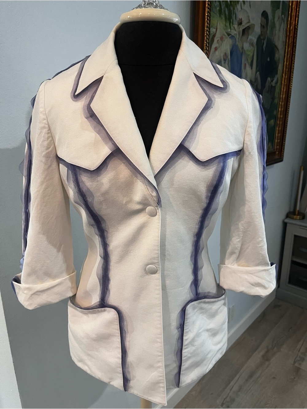 Thierry Mugler White Viscose Linen Blazer With Purple Mesh Trim Size 6 Euro 40